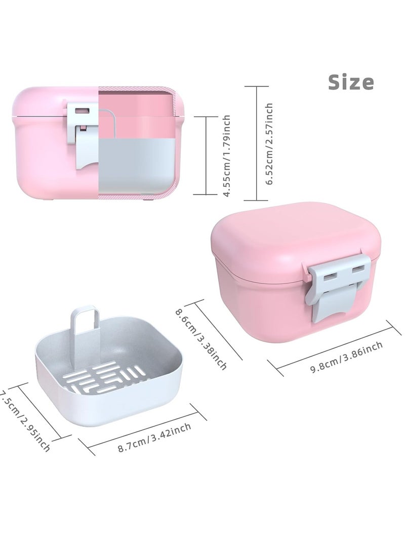 ARGOMAX Leak Proof Denture Bath Cup, Portable Soaking Denture Box, Denture Bath Case with Strainer, for Dentures and Braces (Pink + White).