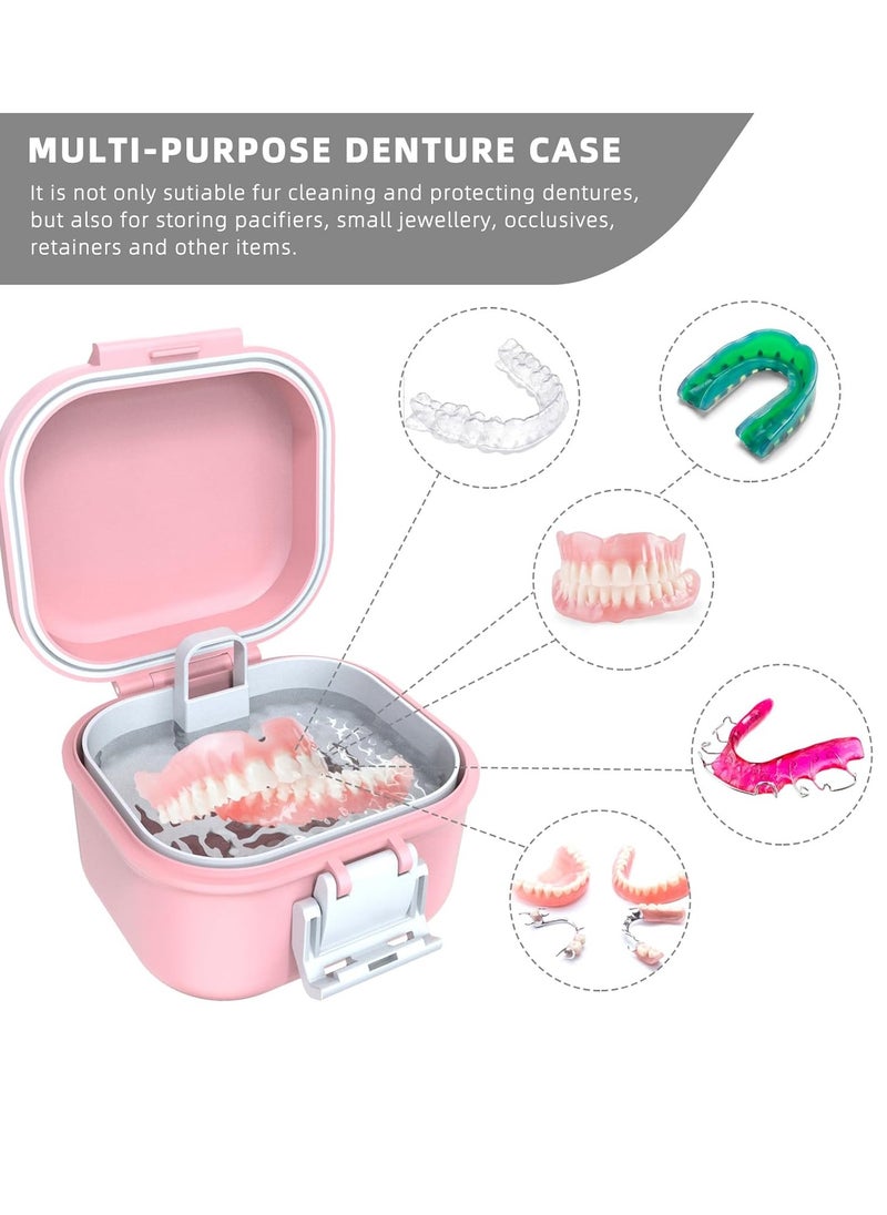 ARGOMAX Leak Proof Denture Bath Cup, Portable Soaking Denture Box, Denture Bath Case with Strainer, for Dentures and Braces (Pink + White).