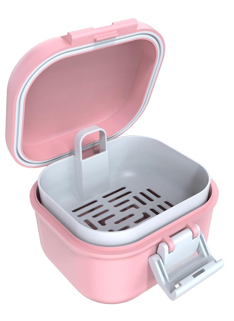 ARGOMAX Leak Proof Denture Bath Cup, Portable Soaking Denture Box, Denture Bath Case with Strainer, for Dentures and Braces (Pink + White).