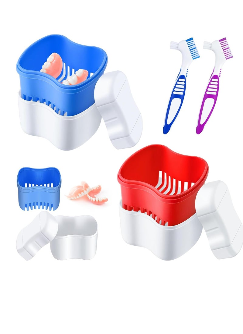 Patelai 2 Denture Cases Denture Bath Cups with 2 Denture Cleaner Brushes Retainer Cleaner Case Dentures Container Travel Retainer Case Braces Pacifier Storage