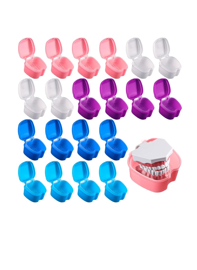 Zubebe 20 Pcs Denture Bath Denture Retainer Case Bulk Denture Holder with Strainer Basket Dental Cup Denture Soaking Container False Teeth Storage Box for Travel Cleaning Brace Mouth Guard, 5 Colors