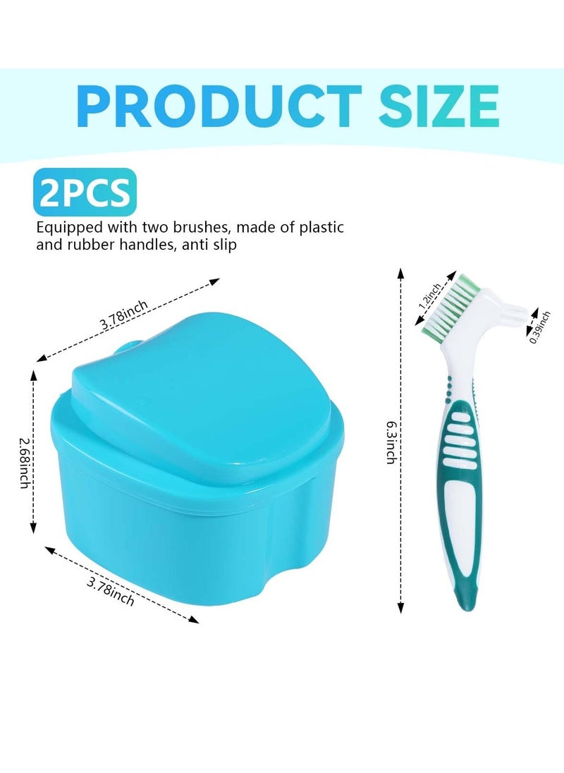 2 Pack Denture Bath Case Cup Box Holder Storage Container with Denture Cleaner Brush Strainer Basket for Travel Cleaning (Light Blue and Blue)