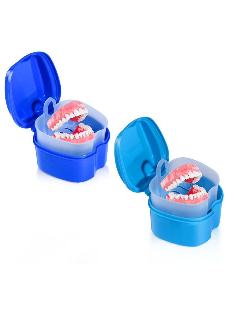 OBTANIM 2 Pack Denture Bath Cup Case Box Holder Storage Soak Container with Strainer Basket for RetainersTravel False Teeth Cleaning (Blue, Green)