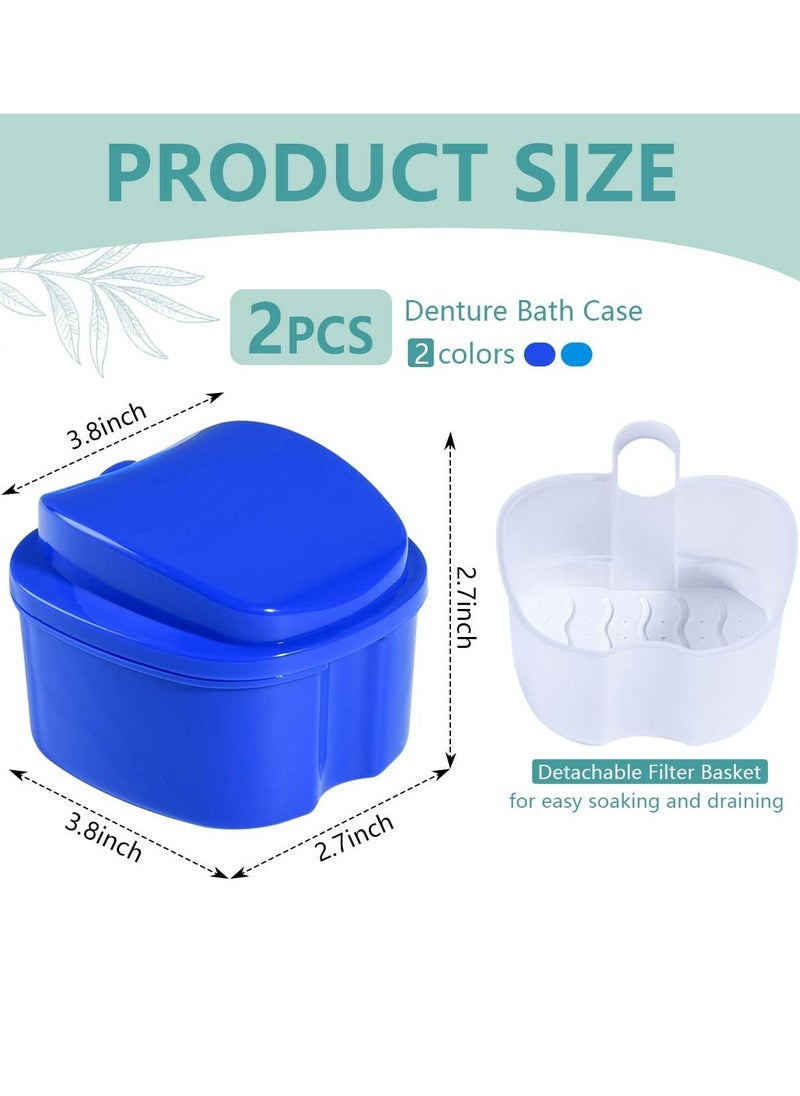 OBTANIM 2 Pack Denture Bath Cup Case Box Holder Storage Soak Container with Strainer Basket for RetainersTravel False Teeth Cleaning (Blue, Green)