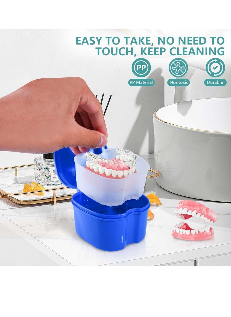 OBTANIM 2 Pack Denture Bath Cup Case Box Holder Storage Soak Container with Strainer Basket for RetainersTravel False Teeth Cleaning (Blue, Green)