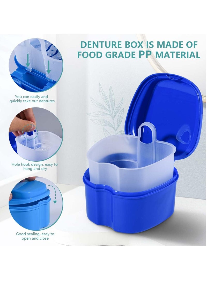 OBTANIM 2 Pack Denture Bath Cup Case Box Holder Storage Soak Container with Strainer Basket for RetainersTravel False Teeth Cleaning (Blue, Green)