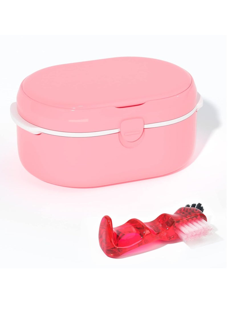 Y-Kelin Retainer Case and Denture Bath Case with Brush,Denture Cup for Retainers Mouthguards Dentures Cleaner Kit with Mirror,Magnetic Lid Design,Pink