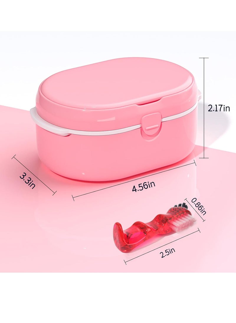 Y-Kelin Retainer Case and Denture Bath Case with Brush,Denture Cup for Retainers Mouthguards Dentures Cleaner Kit with Mirror,Magnetic Lid Design,Pink