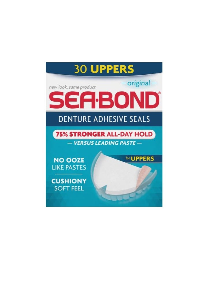 Sea Bond Secure Denture Adhesive Seals, Original Uppers, Zinc-Free, All-Day-Hold, Mess-Free, 30 Count (Pack of 1)