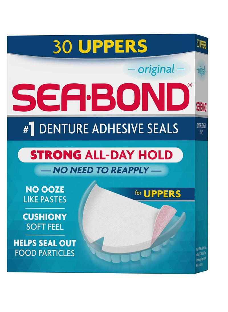 Sea Bond Secure Denture Adhesive Seals, Original Uppers, Zinc-Free, All-Day-Hold, Mess-Free, 30 Count (Pack of 1)