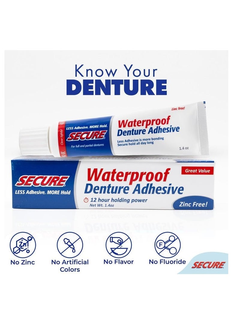 Secure Waterproof Denture Adhesive - Zinc Free - Extra Strong Hold For Upper, Lower or Partials - 1.4 oz