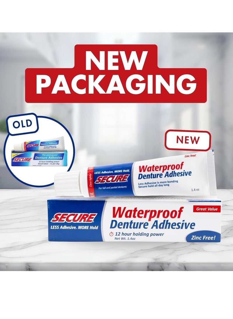 Secure Waterproof Denture Adhesive - Zinc Free - Extra Strong Hold For Upper, Lower or Partials - 1.4 oz