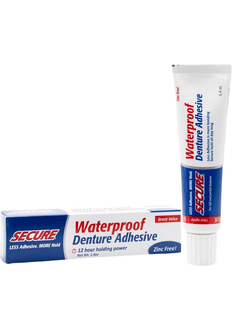 Secure Waterproof Denture Adhesive - Zinc Free - Extra Strong Hold For Upper, Lower or Partials - 1.4 oz