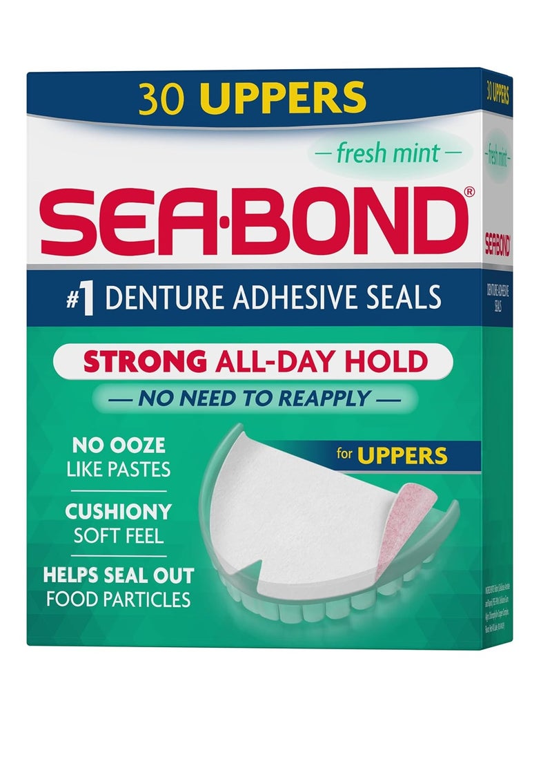 Sea Bond Secure Denture Adhesive Seals, Fresh Mint Uppers, Zinc-Free, All-Day-Hold, Mess-Free, 30 Count (Pack of 1)