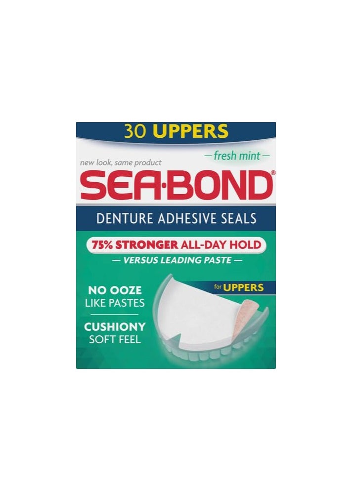 Sea Bond Secure Denture Adhesive Seals, Fresh Mint Uppers, Zinc-Free, All-Day-Hold, Mess-Free, 30 Count (Pack of 1)