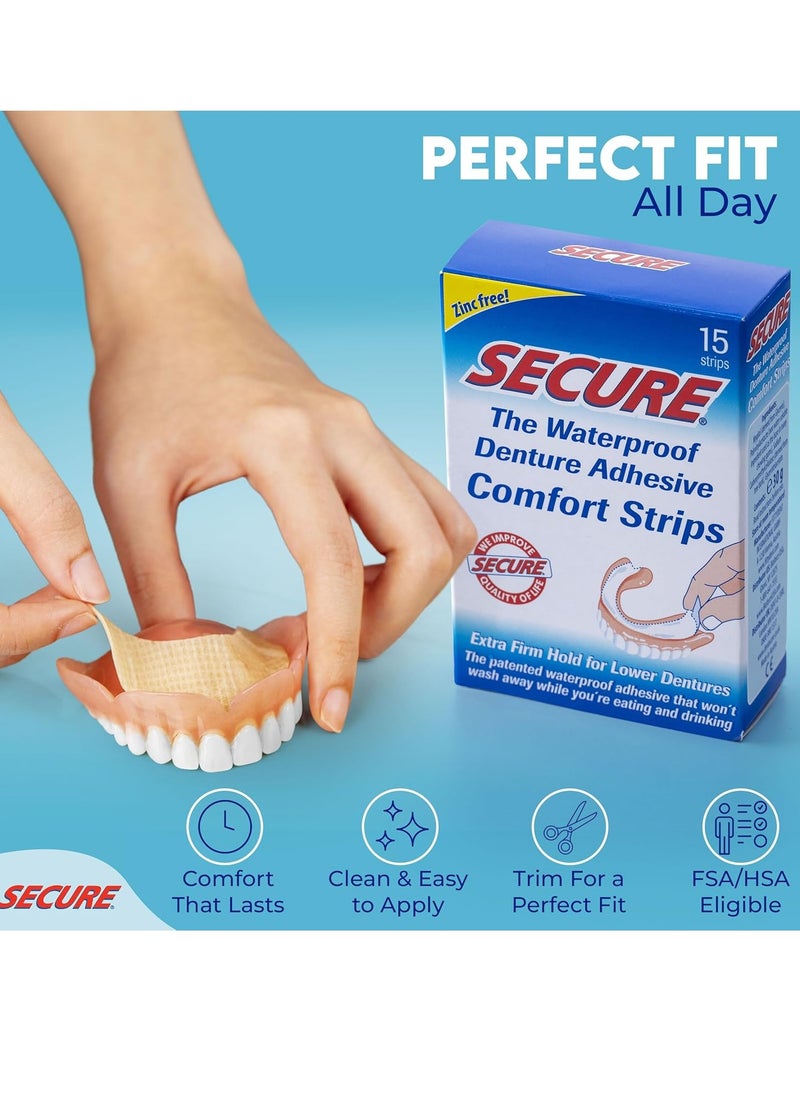 Secure Comfort Strips Waterproof Denture Adhesive - Zinc Free - Extra Firm Hold For Lower Dentures - 15 Strips