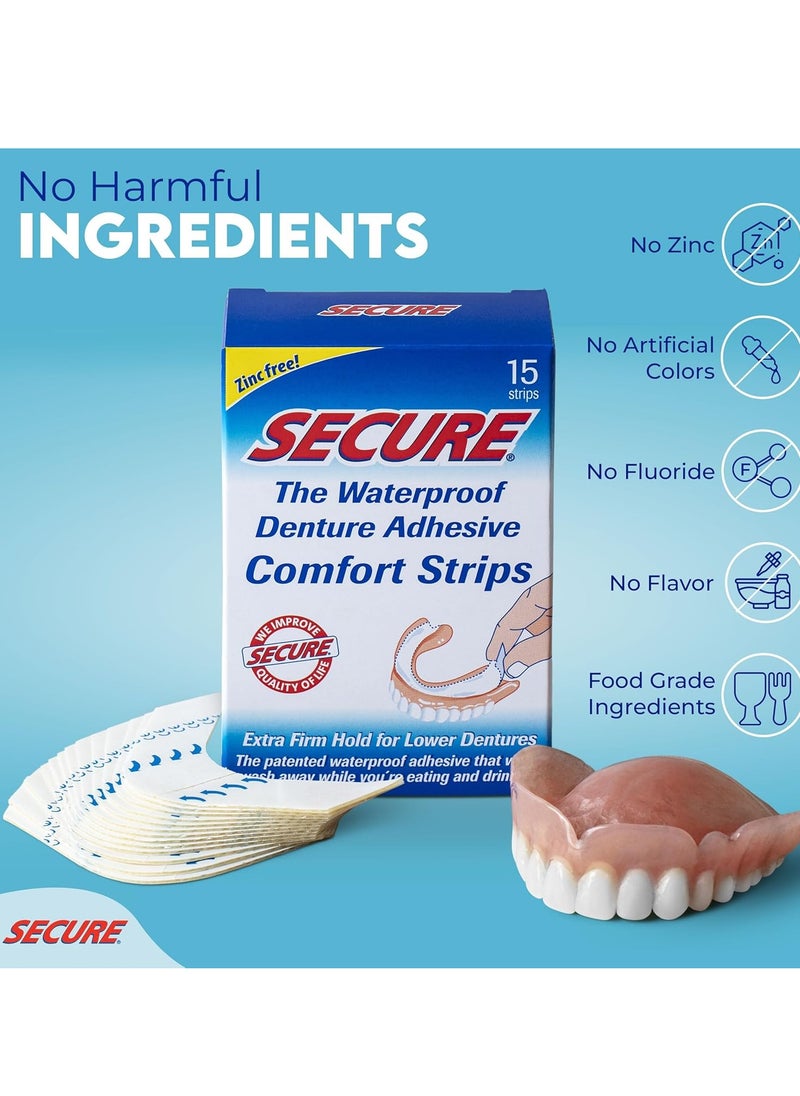 Secure Comfort Strips Waterproof Denture Adhesive - Zinc Free - Extra Firm Hold For Lower Dentures - 15 Strips