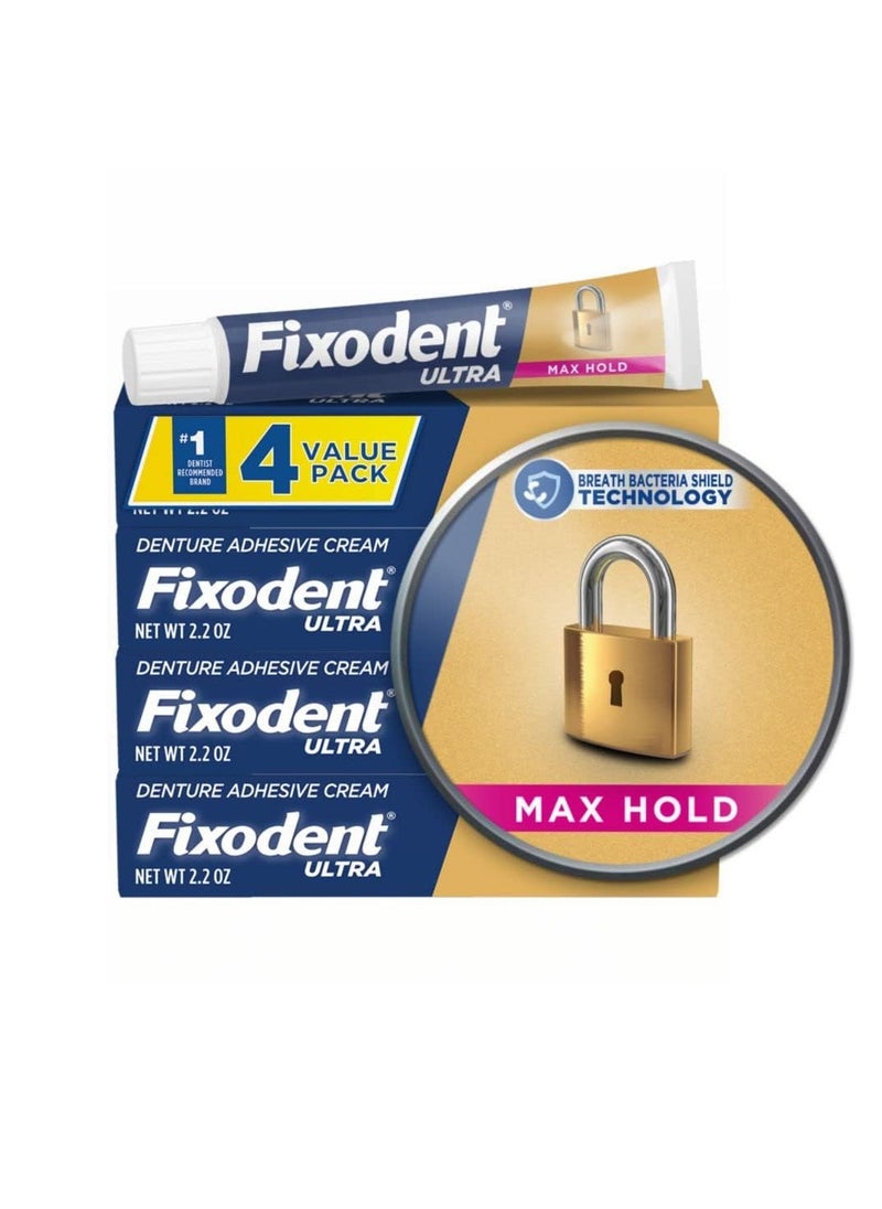 Fixodent Ultra Max Hold Secure Denture Adhesive Cream for Full and Partial Denture Wearers, 2.2oz (Pack of 4)