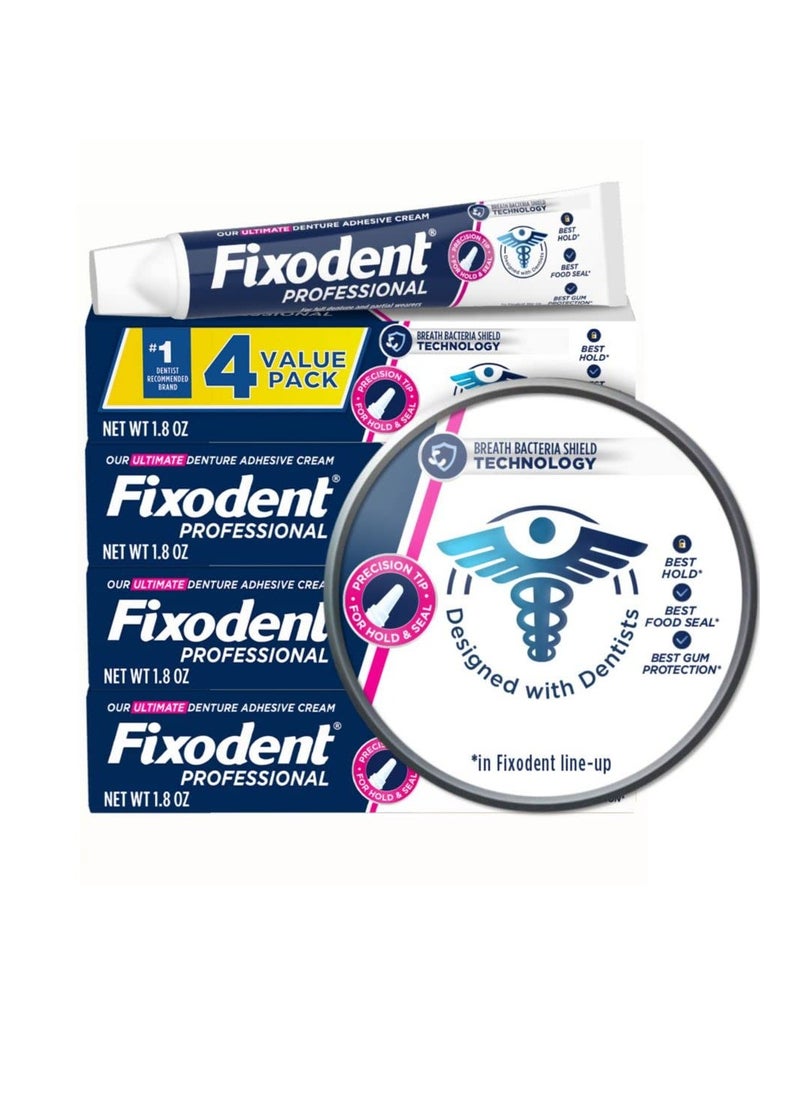 Fixodent Professional Ultimate Denture Adhesive Cream for Full and Partial Dentures, 1.8 oz, 4 Pack