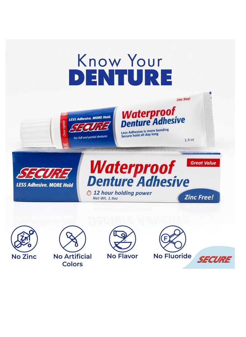 Secure Waterproof Denture Adhesive - Zinc Free - Extra Strong Hold For Upper, Lower or Partials - 1.4 oz (Pack of 8)