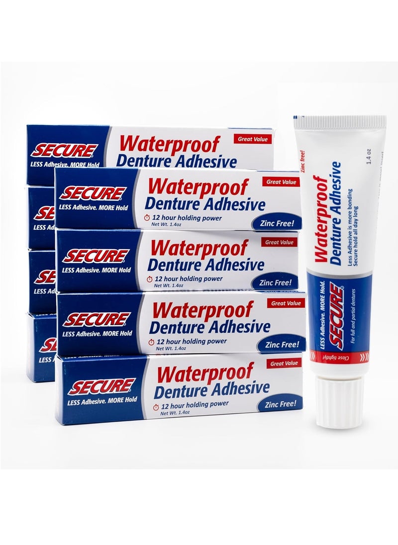 Secure Waterproof Denture Adhesive - Zinc Free - Extra Strong Hold For Upper, Lower or Partials - 1.4 oz (Pack of 8)