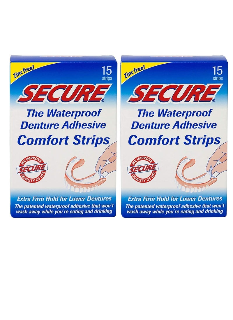 Secure Comfort Strips Waterproof Denture Adhesive - Zinc Free - Extra Firm Hold For Lower Dentures - 15 Count (Pack of 2)