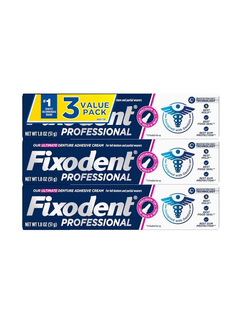 Fixodent Professional Ultimate Denture Adhesive Cream for Full and Partial Dentures, 1.8 oz, 3 Pack