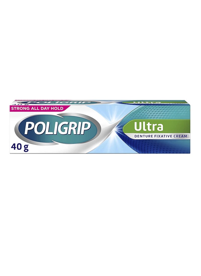 Poligrip Denture Adhesive Cream, False Teeth and Partials Fixative, Ultra, 40 g