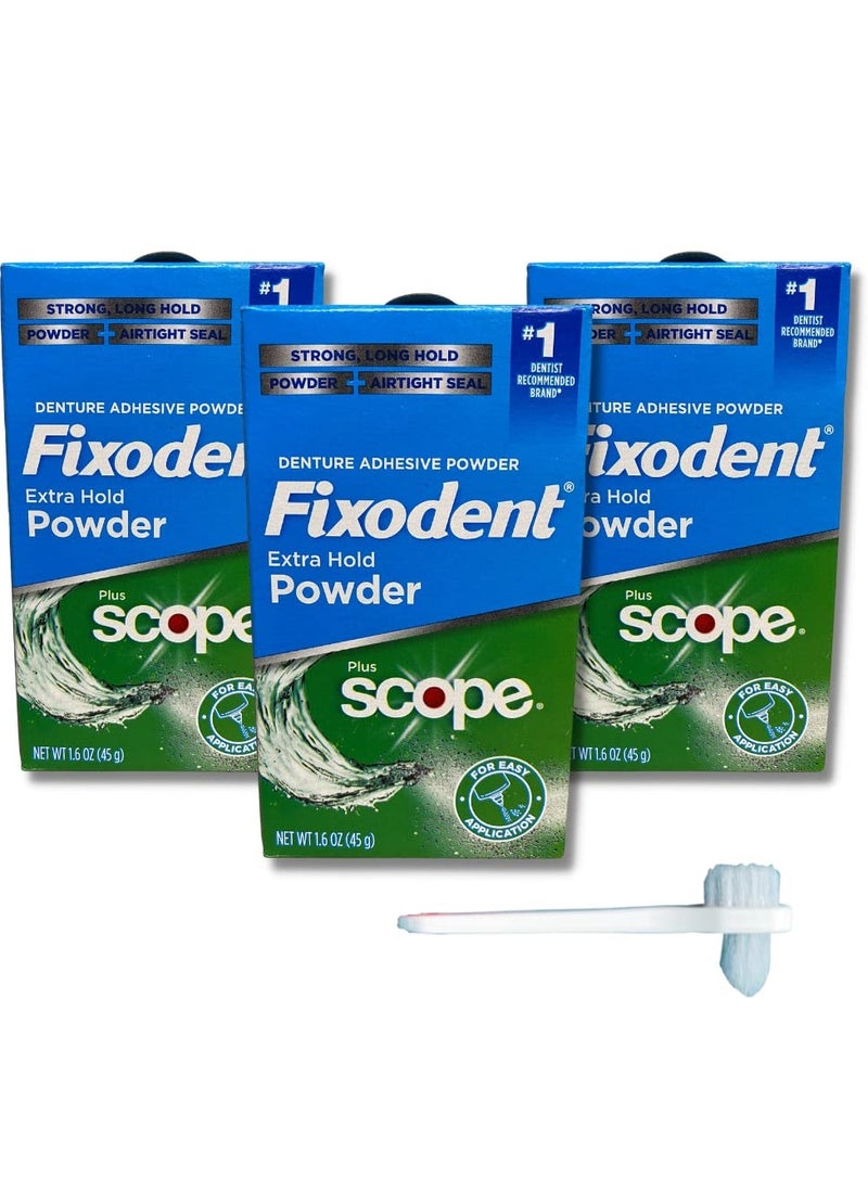 Fixodent Extra Hold Powder Plus Scope Denture Adhesive Strong 1.6oz Pack of 3 (3 Items), 818-0556