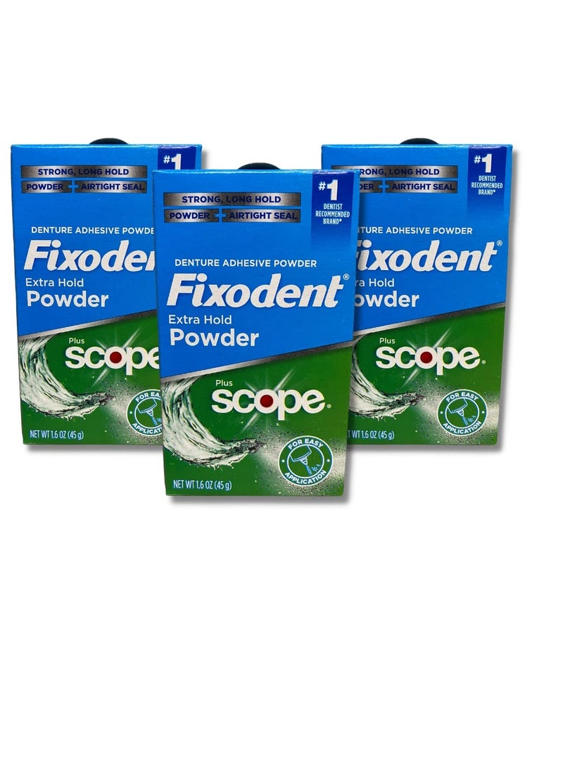 Fixodent Extra Hold Powder Plus Scope Denture Adhesive Strong 1.6oz Pack of 3 (3 Items), 818-0556