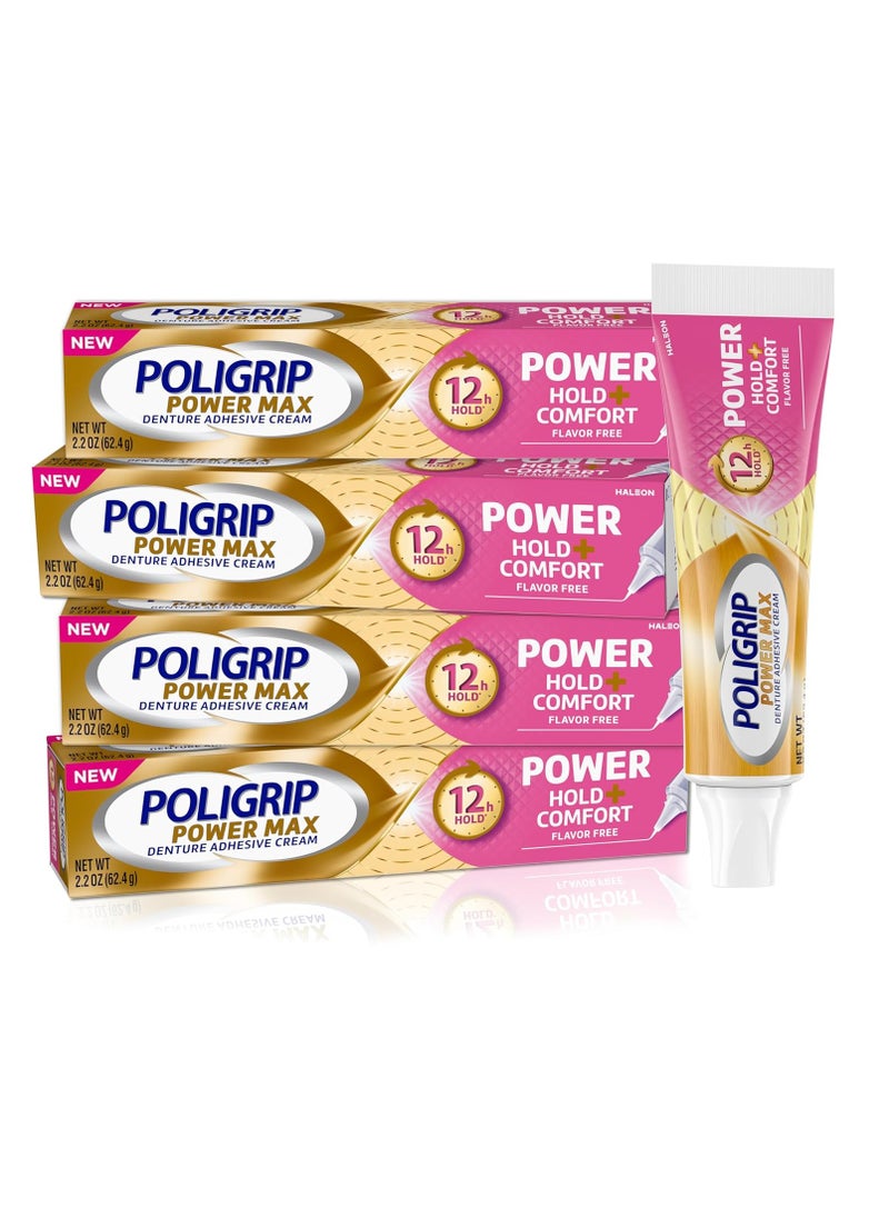 Poligrip Denture Adhesive, Power Max Hold Plus Comfort Denture Adhesive Cream, 2.2 Ounces (Pack of 4)