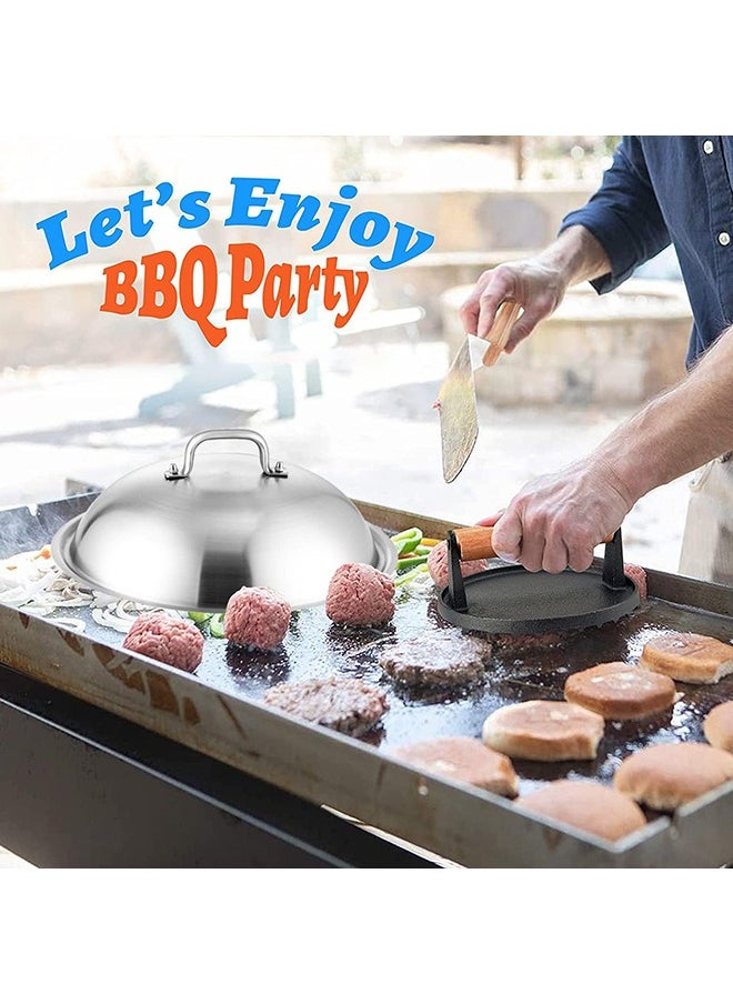 Griddle Accessories Kit - 30cm Heavy Duty Round Basting Cover Cheese Melting Dome with 17.5cm Round Cast Iron Burger Bacon Press - Perfect for Flat Top Griddle Grill Cooking