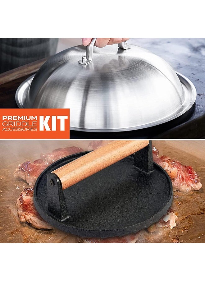 Griddle Accessories Kit - 30cm Heavy Duty Round Basting Cover Cheese Melting Dome with 17.5cm Round Cast Iron Burger Bacon Press - Perfect for Flat Top Griddle Grill Cooking