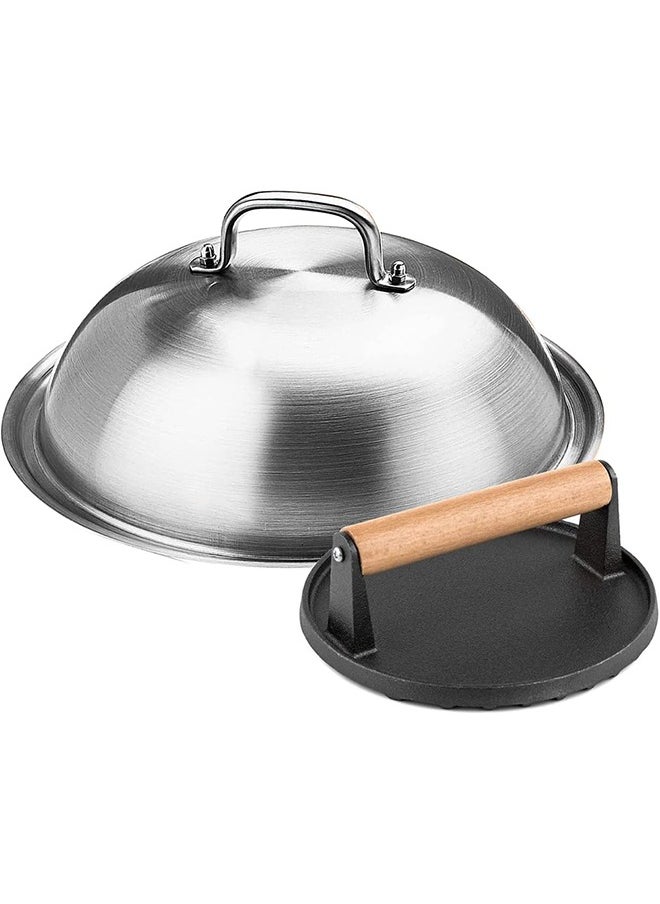 Griddle Accessories Kit - 30cm Heavy Duty Round Basting Cover Cheese Melting Dome with 17.5cm Round Cast Iron Burger Bacon Press - Perfect for Flat Top Griddle Grill Cooking