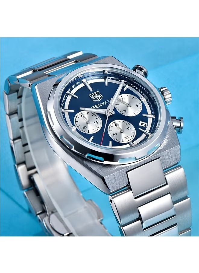 Men's Quartz Watch Stainless Steel Waterproof Chronograph Watch Men's,Luxury Business Sports Gift Watch, Watch BY-5204 SilverDeep Blue