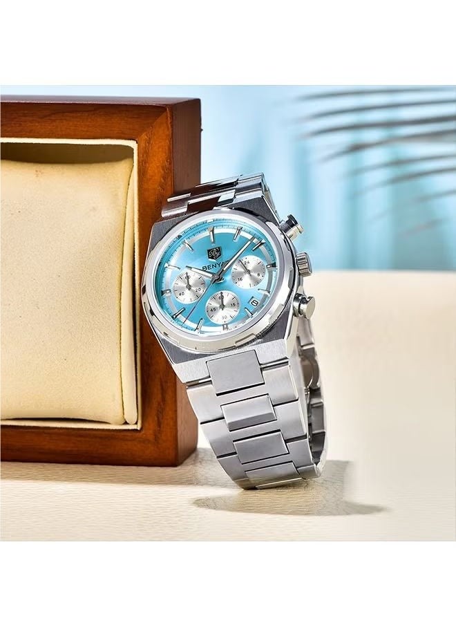 Men's Quartz Watch Stainless Steel Waterproof Chronograph Watch Men's,Luxury Business Sports Gift Watch, Watch BY-5204 Silver Ice Blue