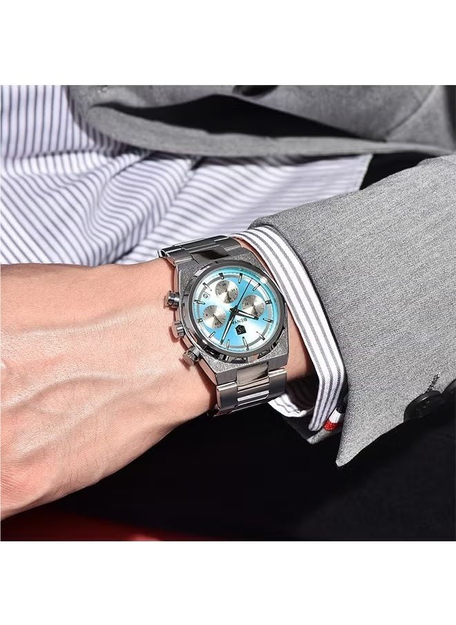 Men's Quartz Watch Stainless Steel Waterproof Chronograph Watch Men's,Luxury Business Sports Gift Watch, Watch BY-5204 Silver Ice Blue