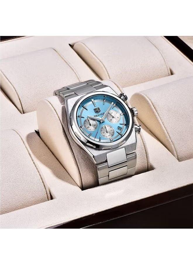 Men's Quartz Watch Stainless Steel Waterproof Chronograph Watch Men's,Luxury Business Sports Gift Watch, Watch BY-5204 Silver Ice Blue