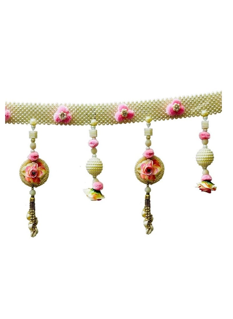 Accessorize Kingdom Handicraft White Beads Patta with Pink Pom Toran for Home Decoration and Office Decor|Door Hanging for Bandarwal for Home Door