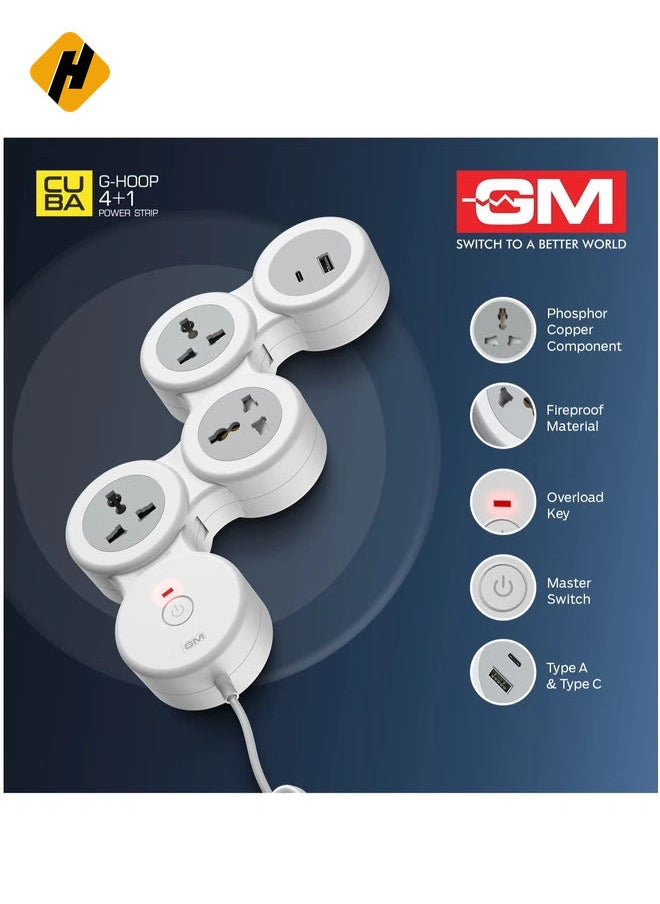 GM 4+1 G-Hoop Spike Guard with C & A Type USB-Master Switch,Indicator, Safety Shutter, 1.8 Mtr Wire with Overload Protection 3 International sockets & 2 USB Port 1 C Type 1 A Type 3.1A…