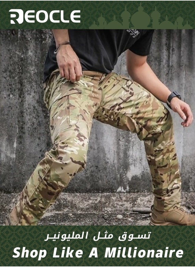 Mens Tactical Pants Durable Cargo Work Trousers Water-Repellent Tactical Casual Pants Four Seasons for Hiking Climbing Camo