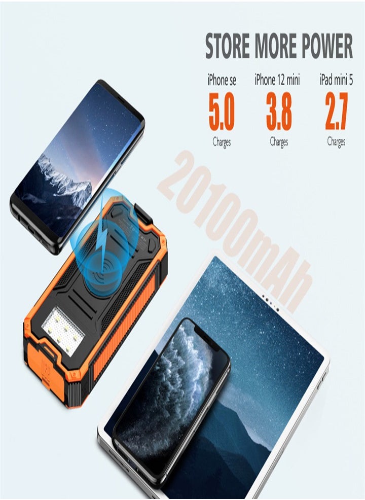 Outdoor waterproof, wireless charging solar power bank, 20000 mAh fast charging emergency mobile power bank with dual USB ports and 6 LED strong light flashlights, suitable for iPhone, smartphones, tablets, digital cameras, etc.