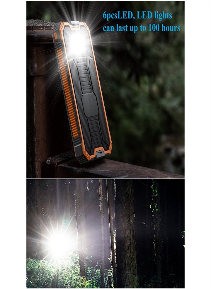 Outdoor waterproof, wireless charging solar power bank, 20000 mAh fast charging emergency mobile power bank with dual USB ports and 6 LED strong light flashlights, suitable for iPhone, smartphones, tablets, digital cameras, etc.