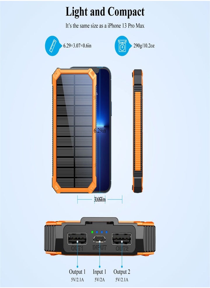 Outdoor waterproof, wireless charging solar power bank, 20000 mAh fast charging emergency mobile power bank with dual USB ports and 6 LED strong light flashlights, suitable for iPhone, smartphones, tablets, digital cameras, etc.