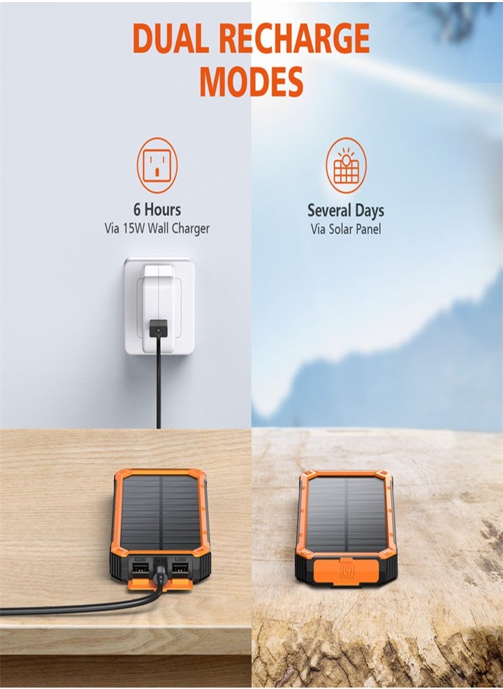 Outdoor waterproof, wireless charging solar power bank, 20000 mAh fast charging emergency mobile power bank with dual USB ports and 6 LED strong light flashlights, suitable for iPhone, smartphones, tablets, digital cameras, etc.