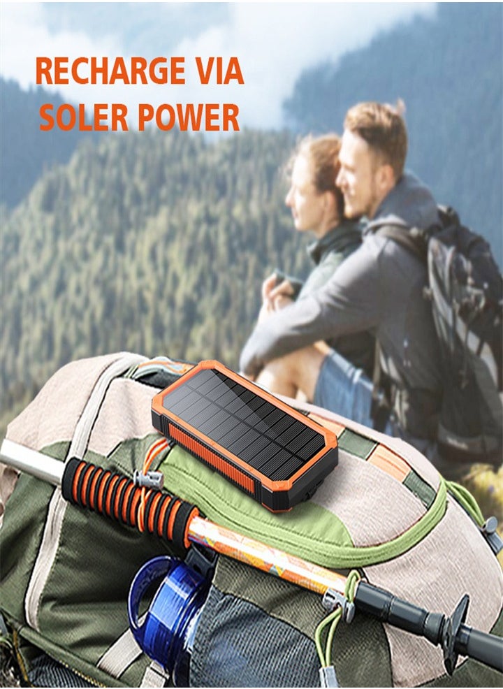 Outdoor waterproof, wireless charging solar power bank, 20000 mAh fast charging emergency mobile power bank with dual USB ports and 6 LED strong light flashlights, suitable for iPhone, smartphones, tablets, digital cameras, etc.