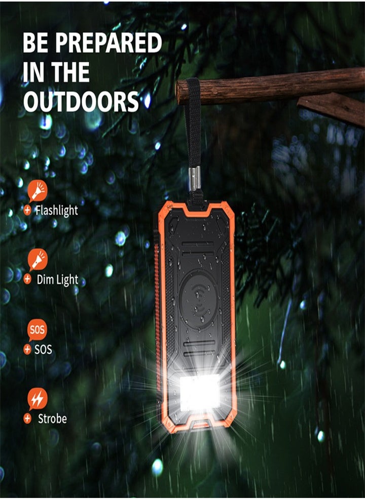 Outdoor waterproof, wireless charging solar power bank, 20000 mAh fast charging emergency mobile power bank with dual USB ports and 6 LED strong light flashlights, suitable for iPhone, smartphones, tablets, digital cameras, etc.