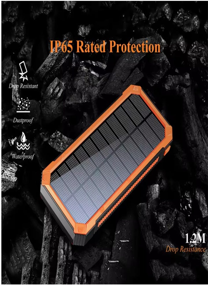 Outdoor waterproof, wireless charging solar power bank, 20000 mAh fast charging emergency mobile power bank with dual USB ports and 6 LED strong light flashlights, suitable for iPhone, smartphones, tablets, digital cameras, etc.