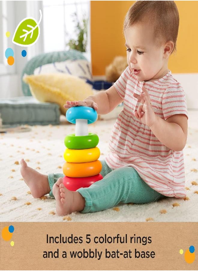 Fisher-Price Baby Stacking Toy Rock-A-Stack Rings with Roly-Poly Base for Ages 6+ Months, Made with Plant-Based Materials