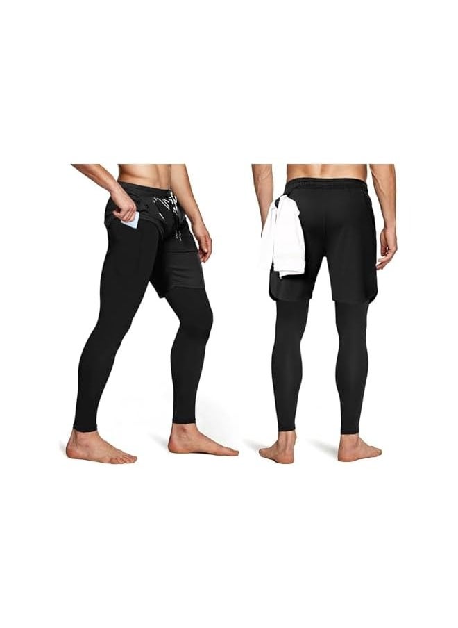 Men's 2 in 1 Running Pants Long Gym Workout Compression Pants for Men Training Athletic Pants with Phone Pockets Men Jogging Pants (XXL)